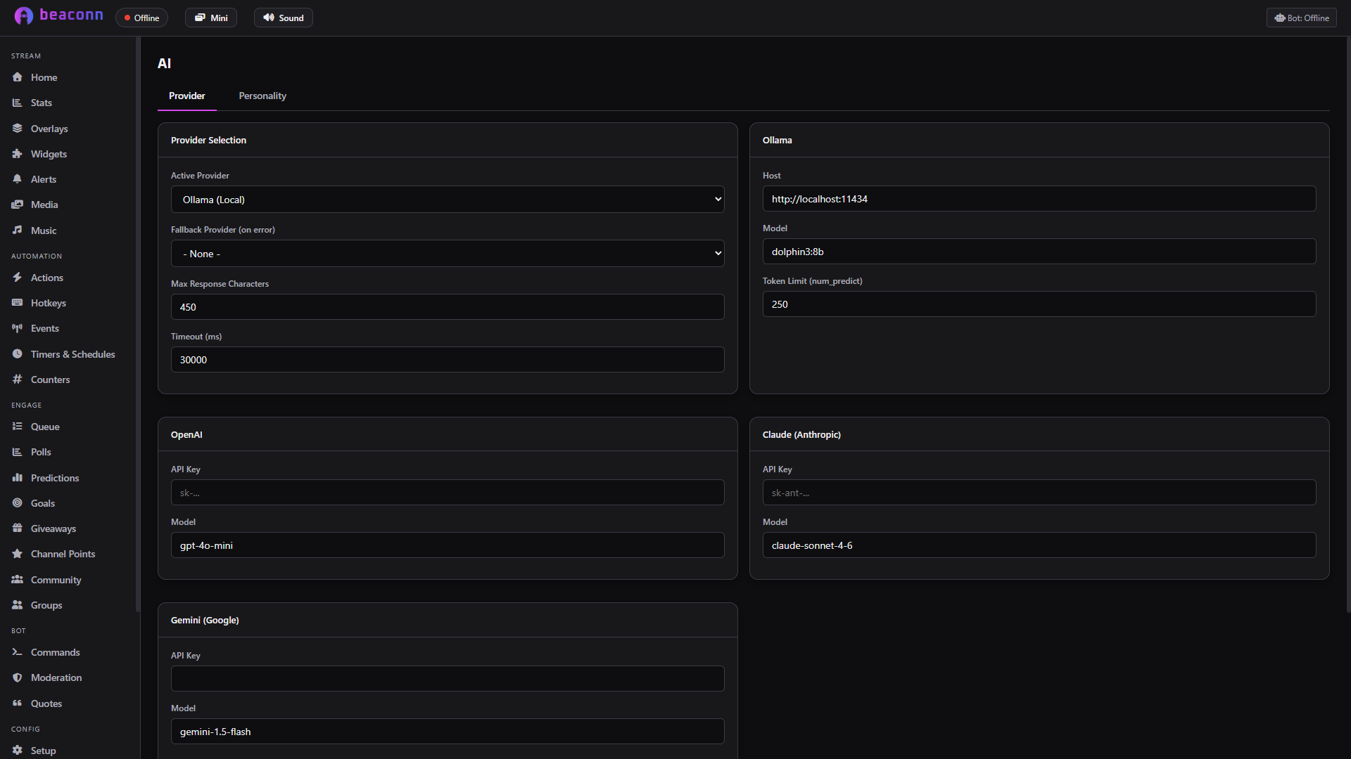 AI provider settings with Ollama, OpenAI, Claude and Gemini