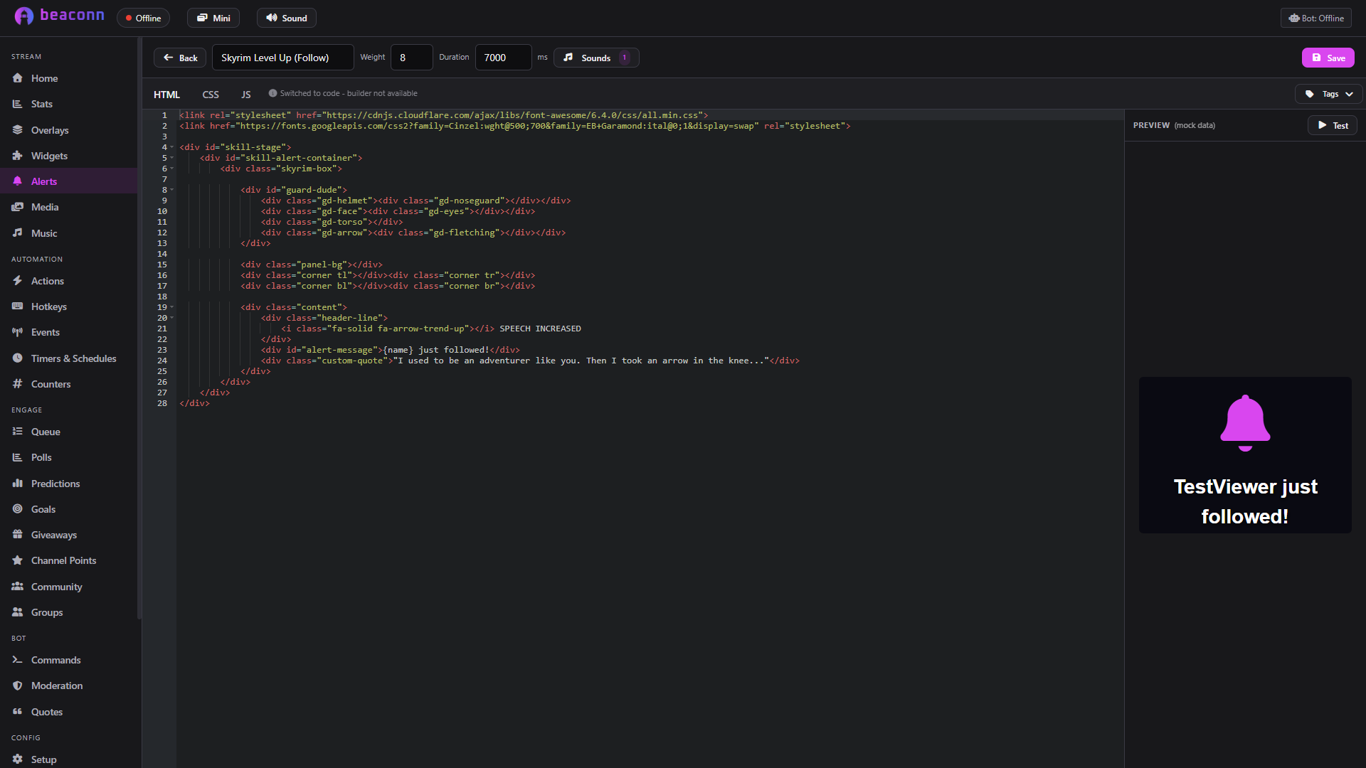 The alert editor with a follow alert previewing beside the code