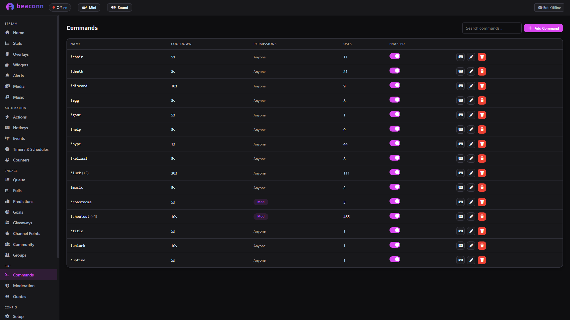 The commands page, listing each command with its cooldown, permission and use count