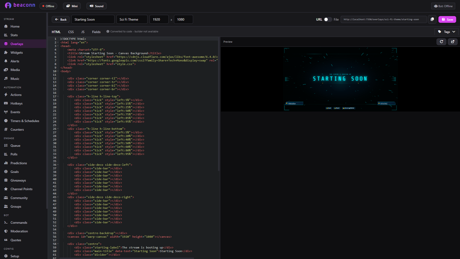 The overlay editor, code on the left and a live preview of a Starting Soon overlay on the right